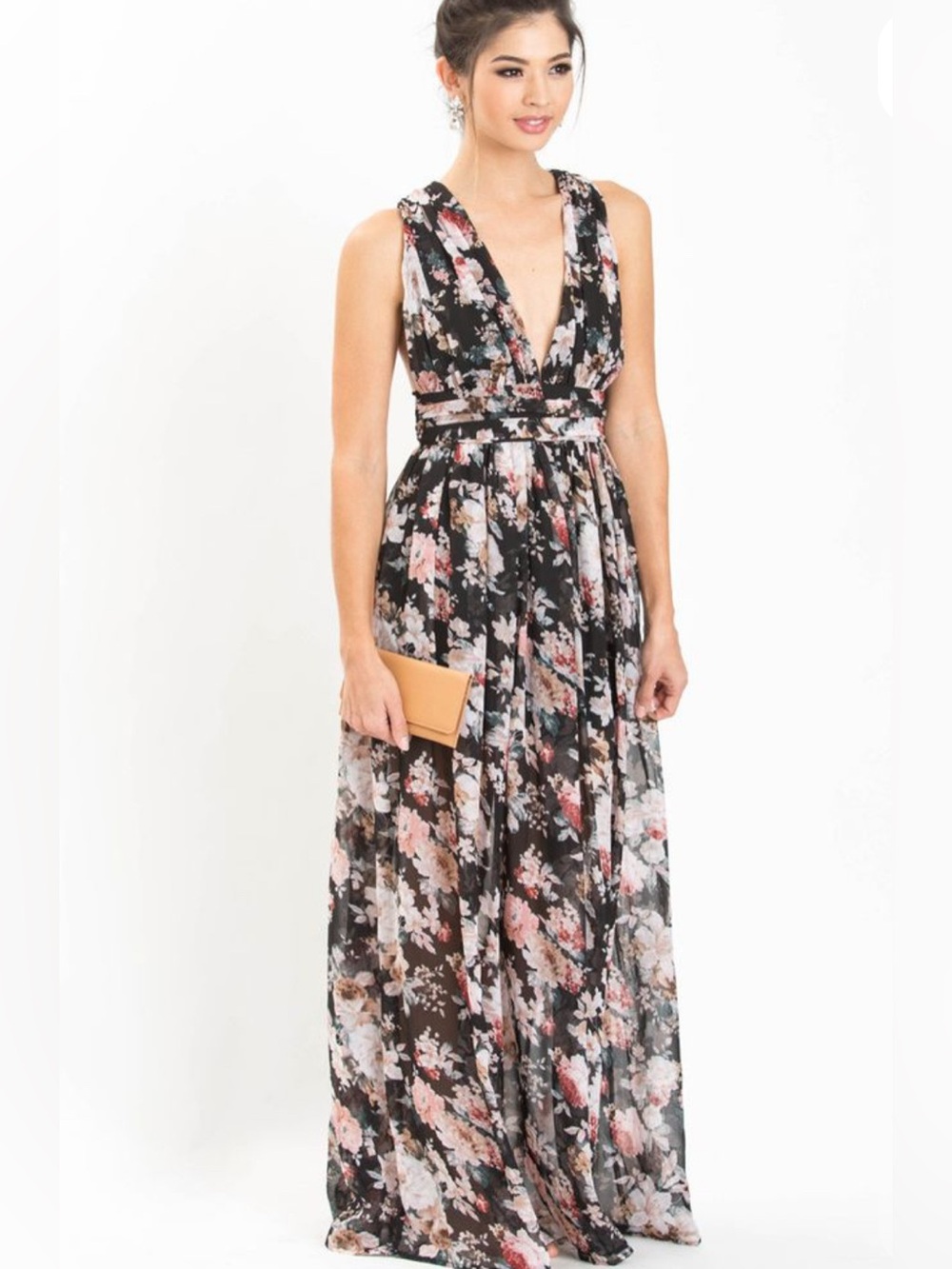 (EUC) Solemio Black Floral Deep V Maxi Dress (no tag) but Size S Excellent Cond